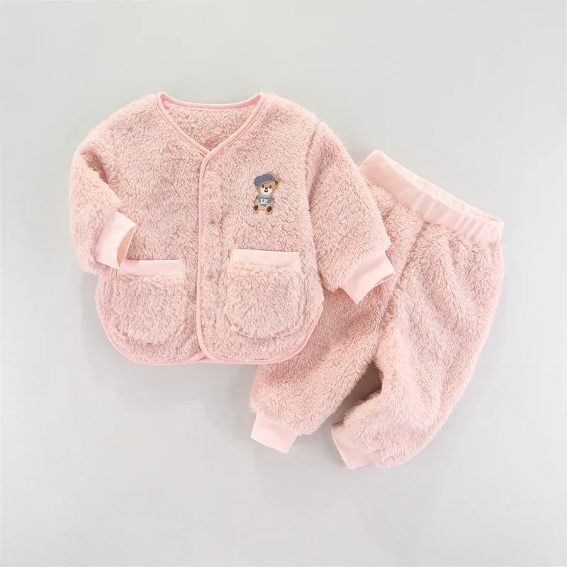 Children Flannel Set Autumn and Winter Baby Girl Clothes Fashion Toddler Outerwear Soft Infant Clothing Warm Baby Boys Suit 1-3Y