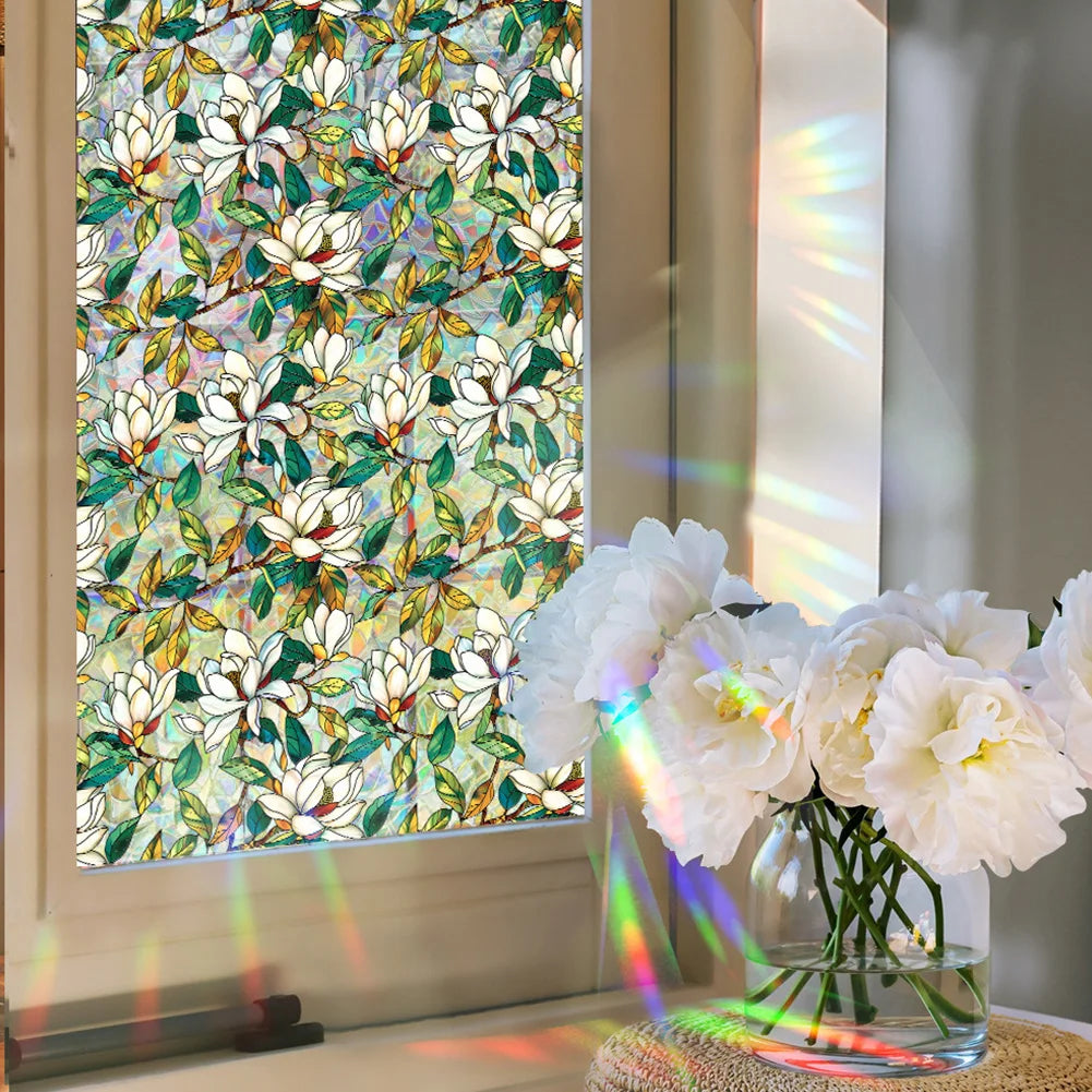 Flowers Window Privacy Film Stained Glass Window Film Removable Static Cling Stickers Decorative Window Decals for Home
