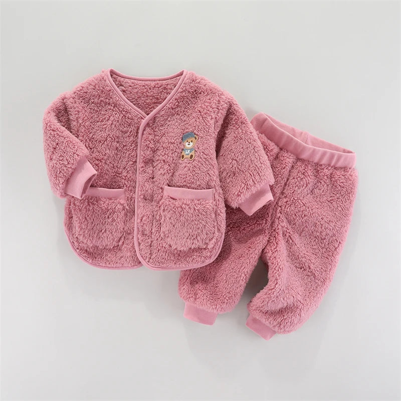 Children Flannel Set Autumn and Winter Baby Girl Clothes Fashion Toddler Outerwear Soft Infant Clothing Warm Baby Boys Suit 1-3Y