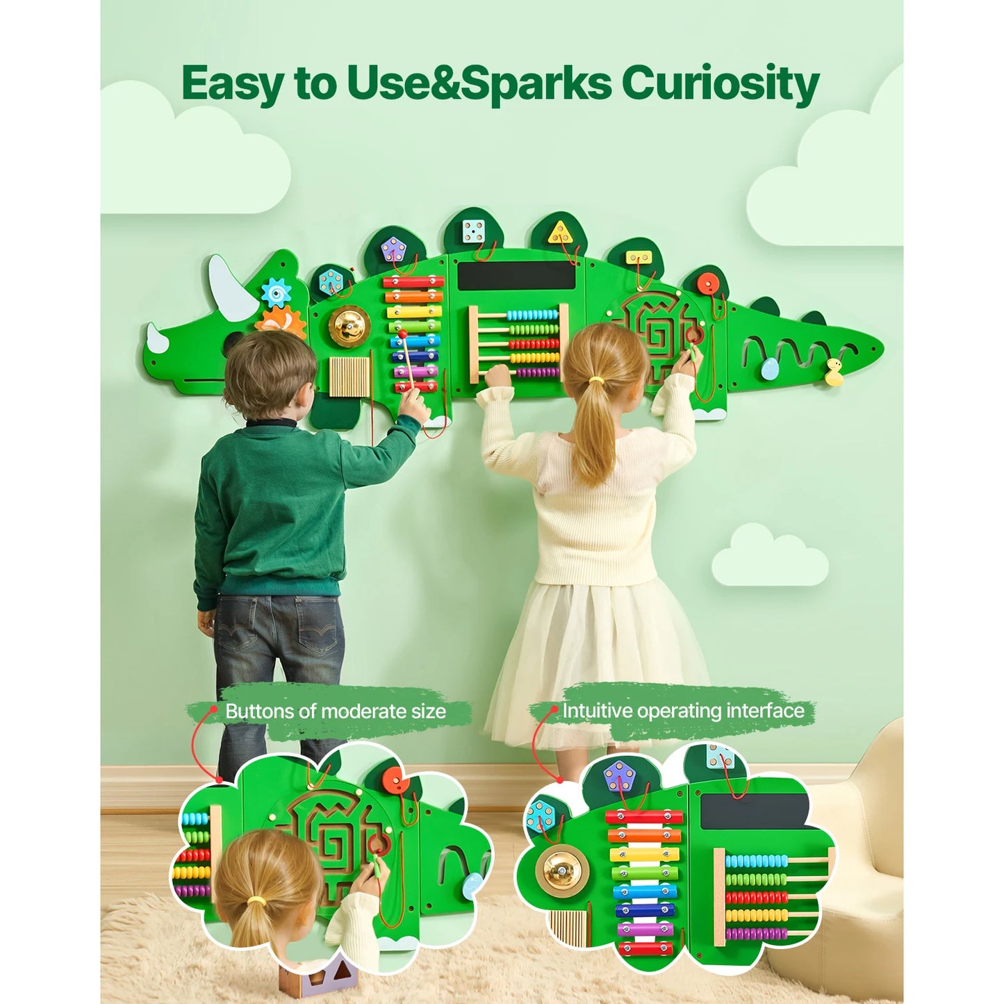 SucceBuy Dinosaur Kids Busy Wall Board 11 Activity Panels Montessori Sensory Learning Toys for 3-12 Toddler Playroom Toy Gift