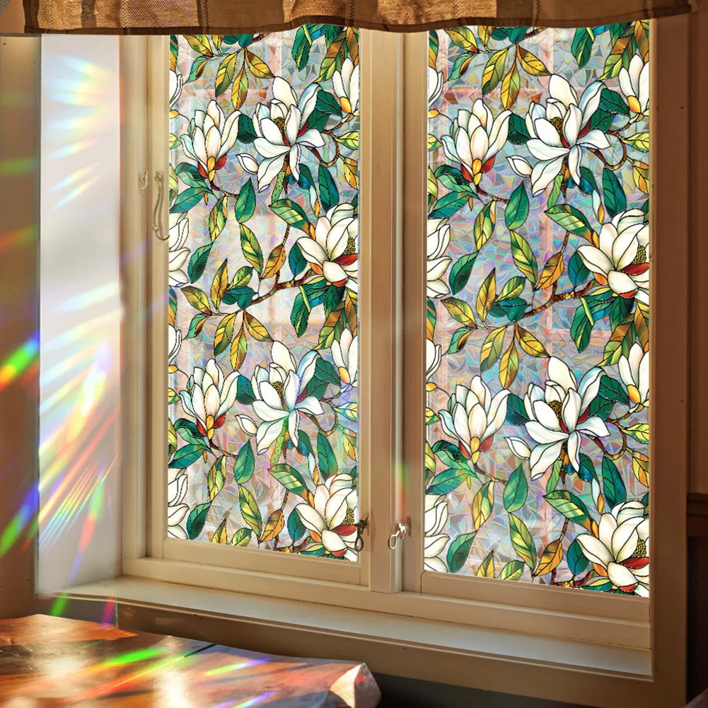 Flowers Window Privacy Film Stained Glass Window Film Removable Static Cling Stickers Decorative Window Decals for Home
