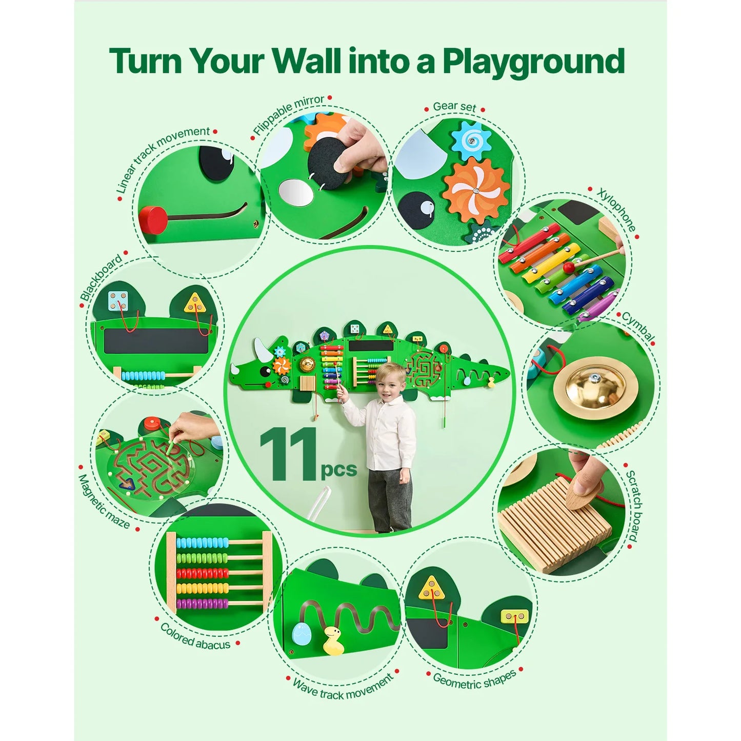 SucceBuy Dinosaur Kids Busy Wall Board 11 Activity Panels Montessori Sensory Learning Toys for 3-12 Toddler Playroom Toy Gift