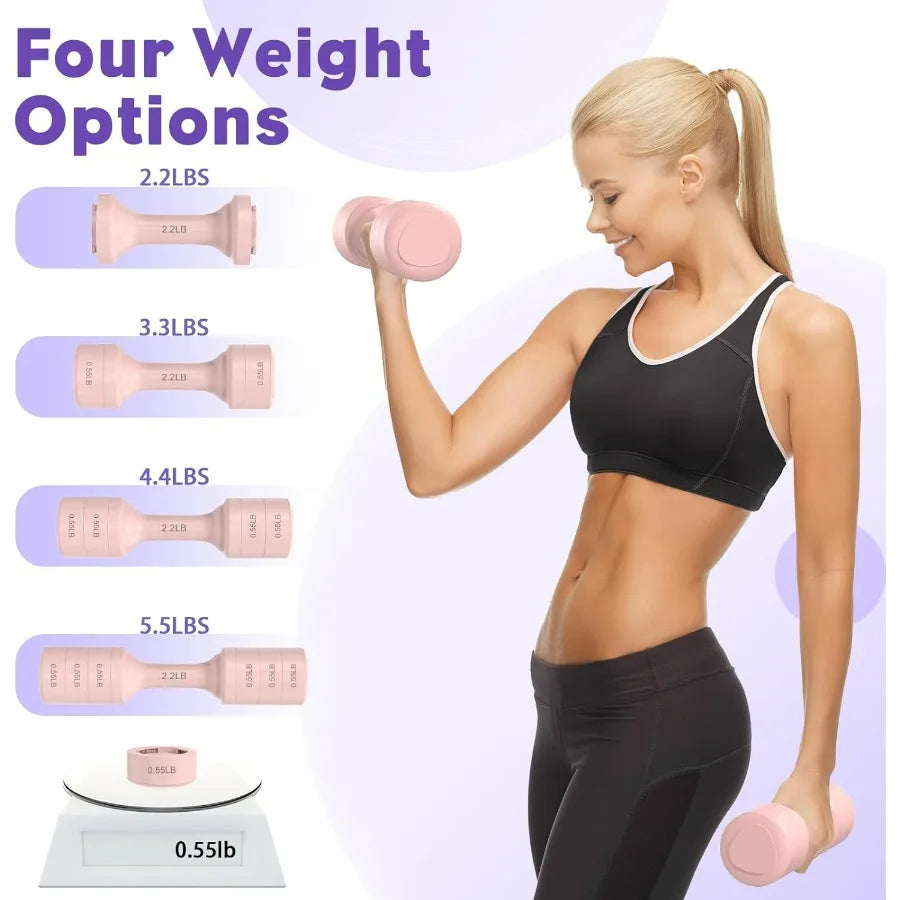 Adjustable Dumbbell Set of 2, 11Lb/Pair Weights Dumbbells for Women, Each 2.2lb, 3.3lb, 4.4lb, 5.5lb Hand Weights Set for Home G