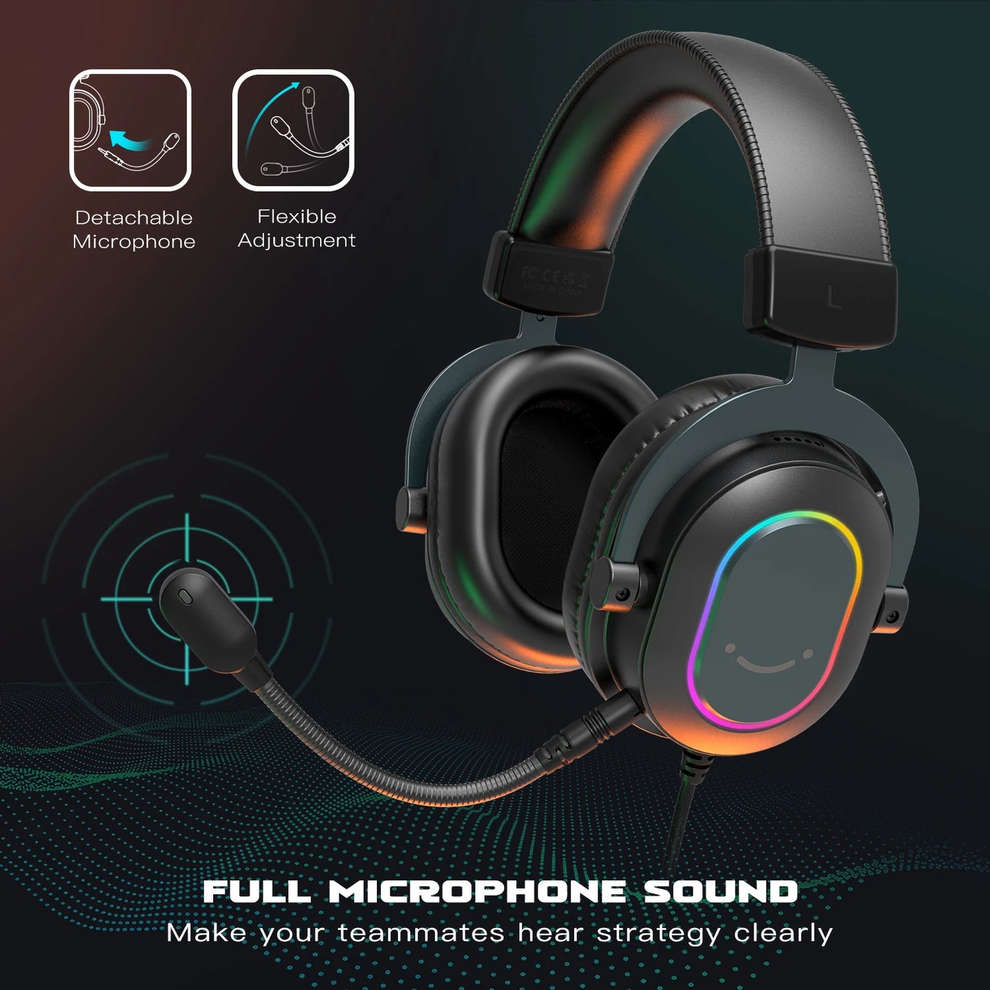 Fifine Dynamic RGB Gaming Headset with Mic Over-Ear Headphones 7.1 Surround Sound PC PS4 PS5 3 EQ Options Game Movie Music